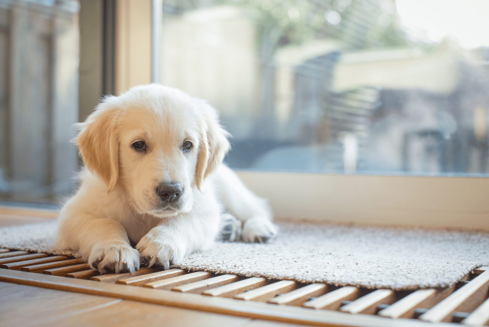 Un cachorro de golden retriever yace junto a la ventana