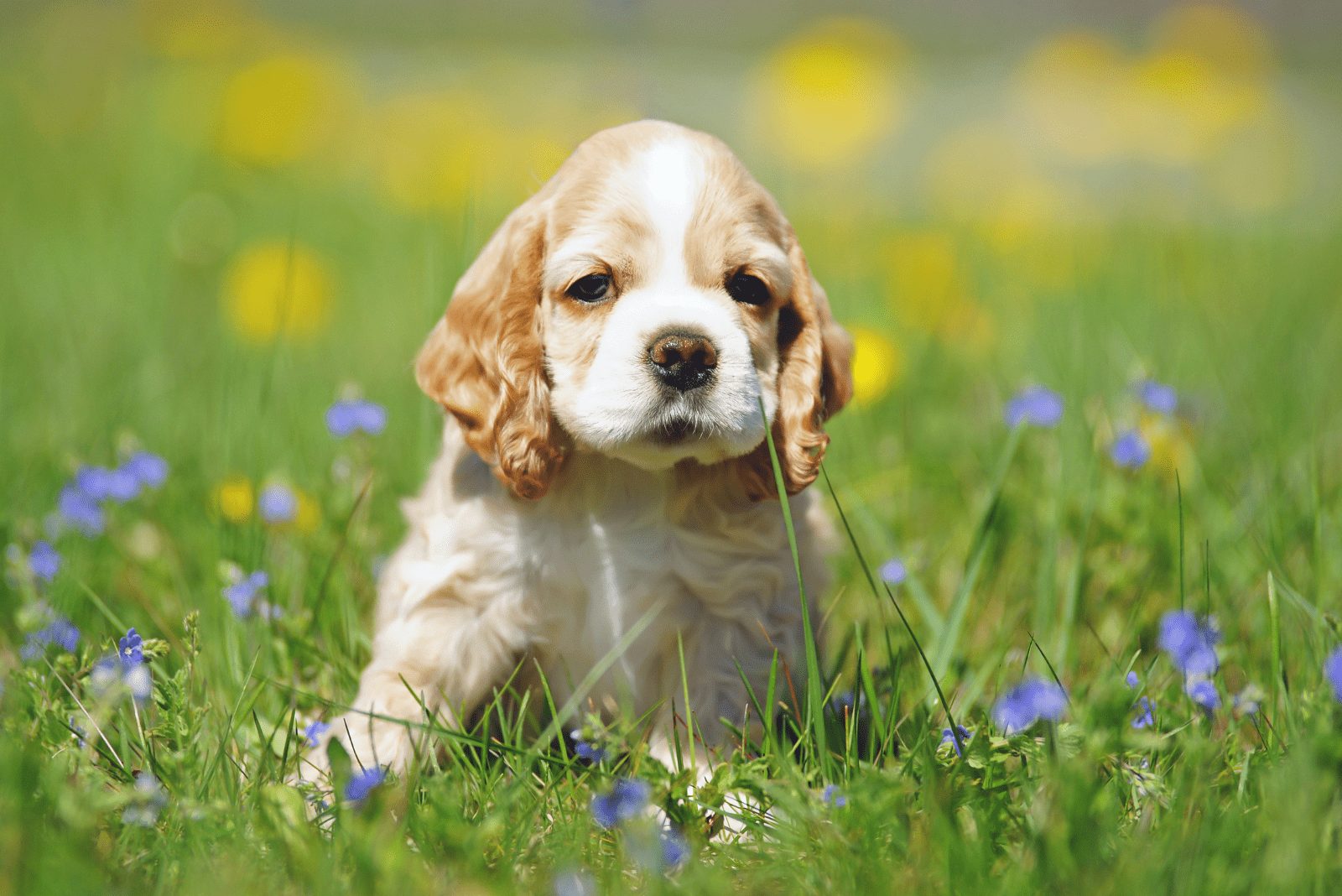 Cachorro de Cocker Spaniel Americano sentado en el césped