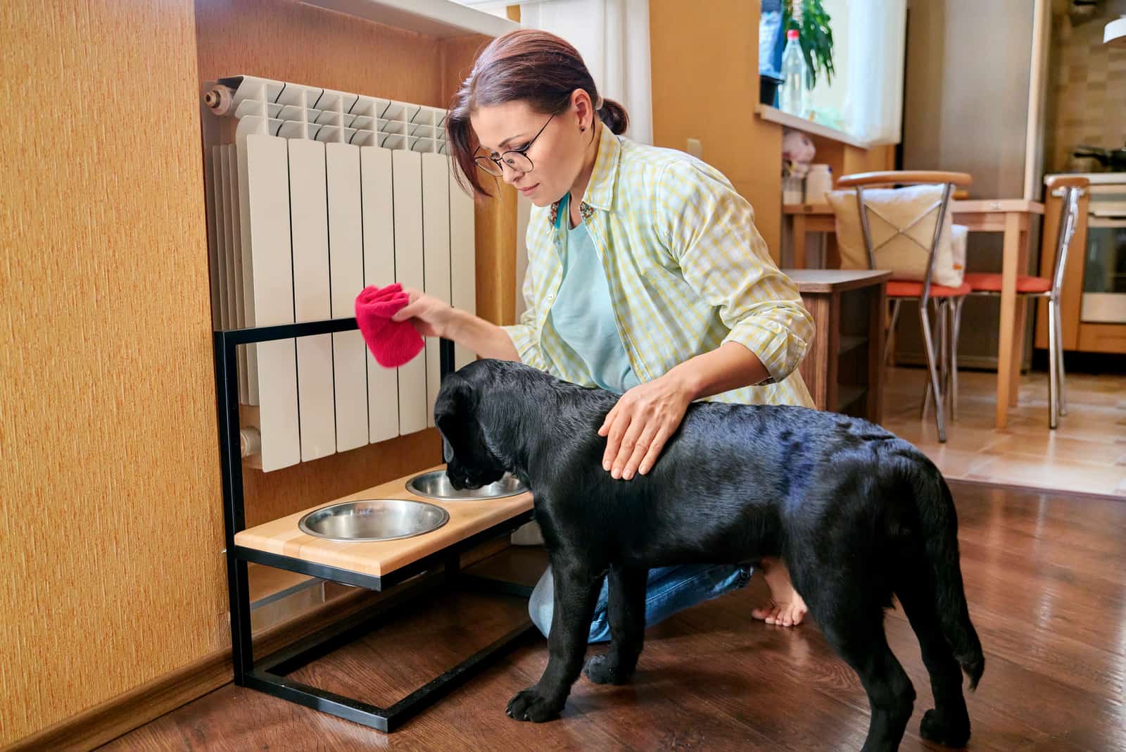 una mujer se sienta junto a un perro y limpia un tazón de comida