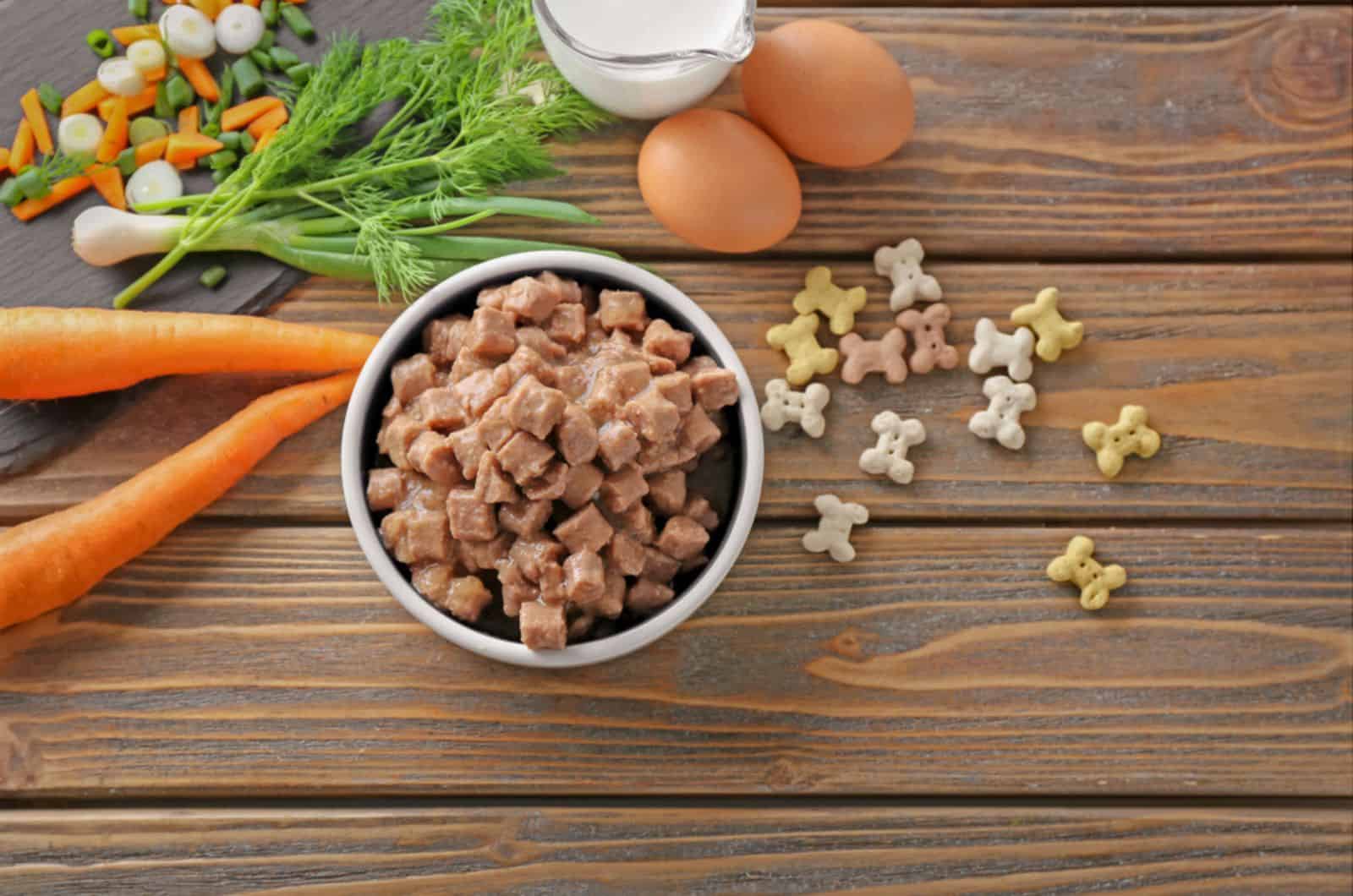 cuenco con comida para mascotas y producto natural sobre mesa de madera