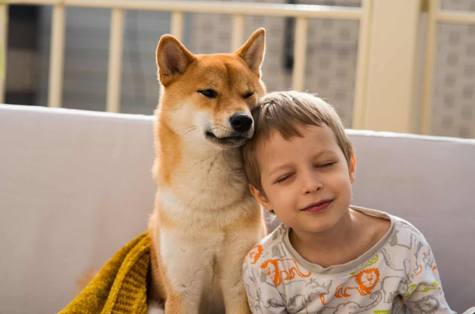 niño y perro shiba inu abrazándose