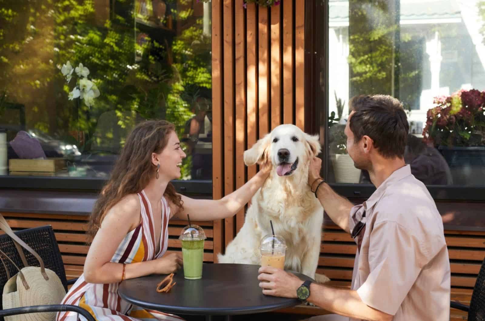 hombre y mujer abrazando a un perro en una cafetería al aire libre