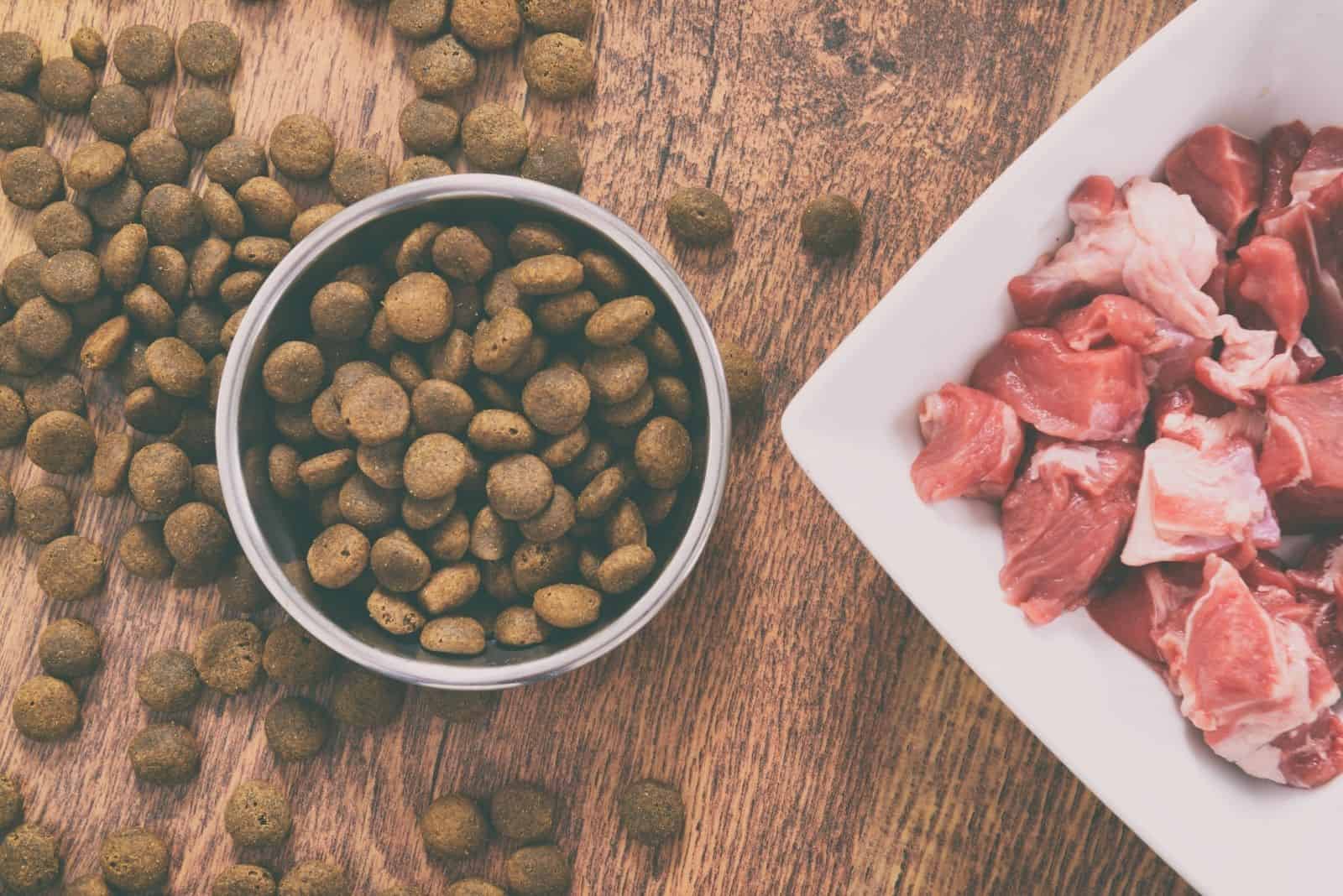 comida natural para perros en un tazón junto a un plato de carne