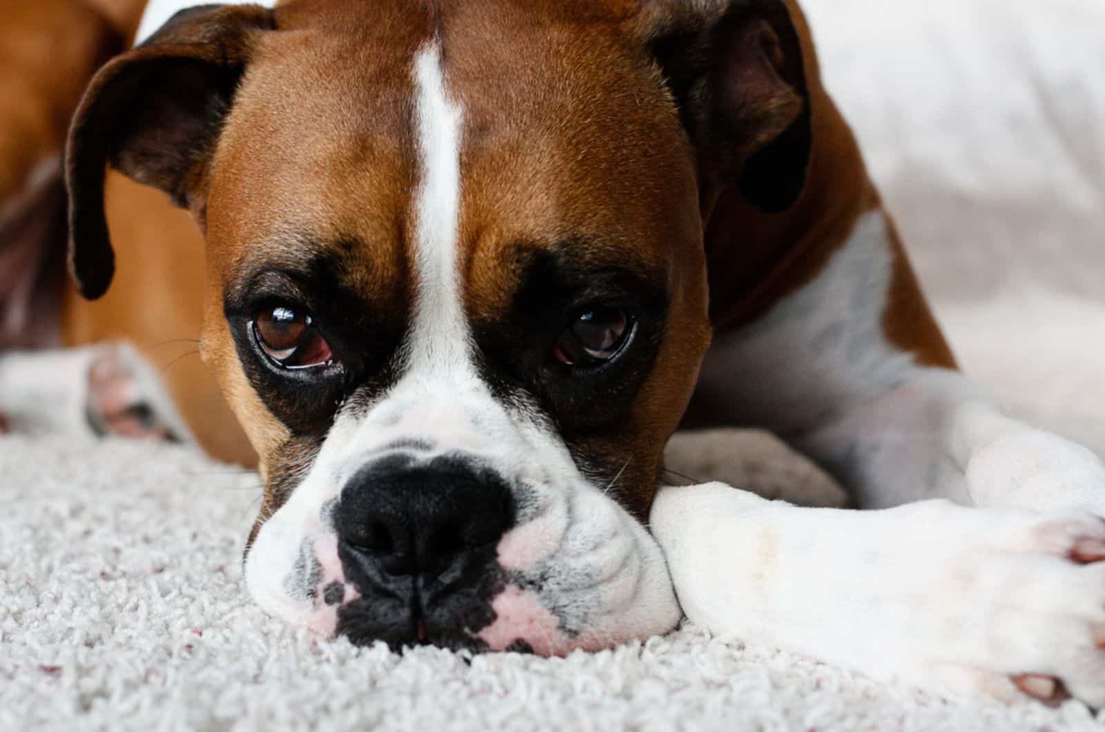 perro boxer triste tumbado en la alfombra