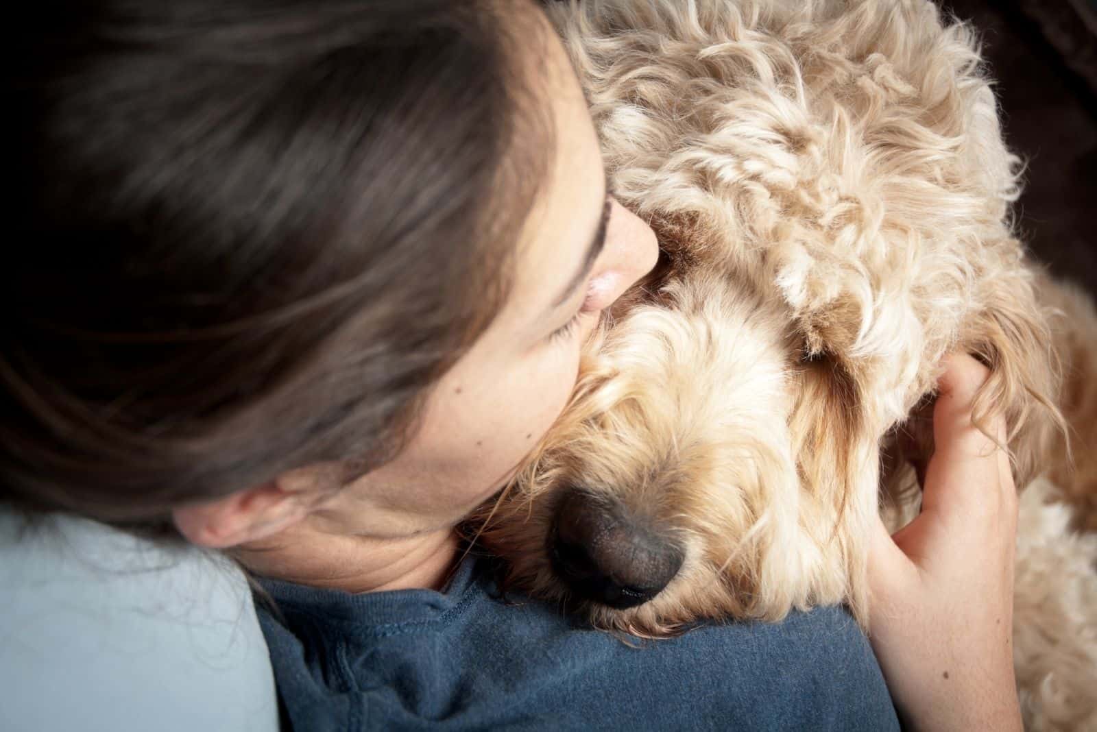 mujer abrazando a un goldendoodle en una fotografía en primer plano