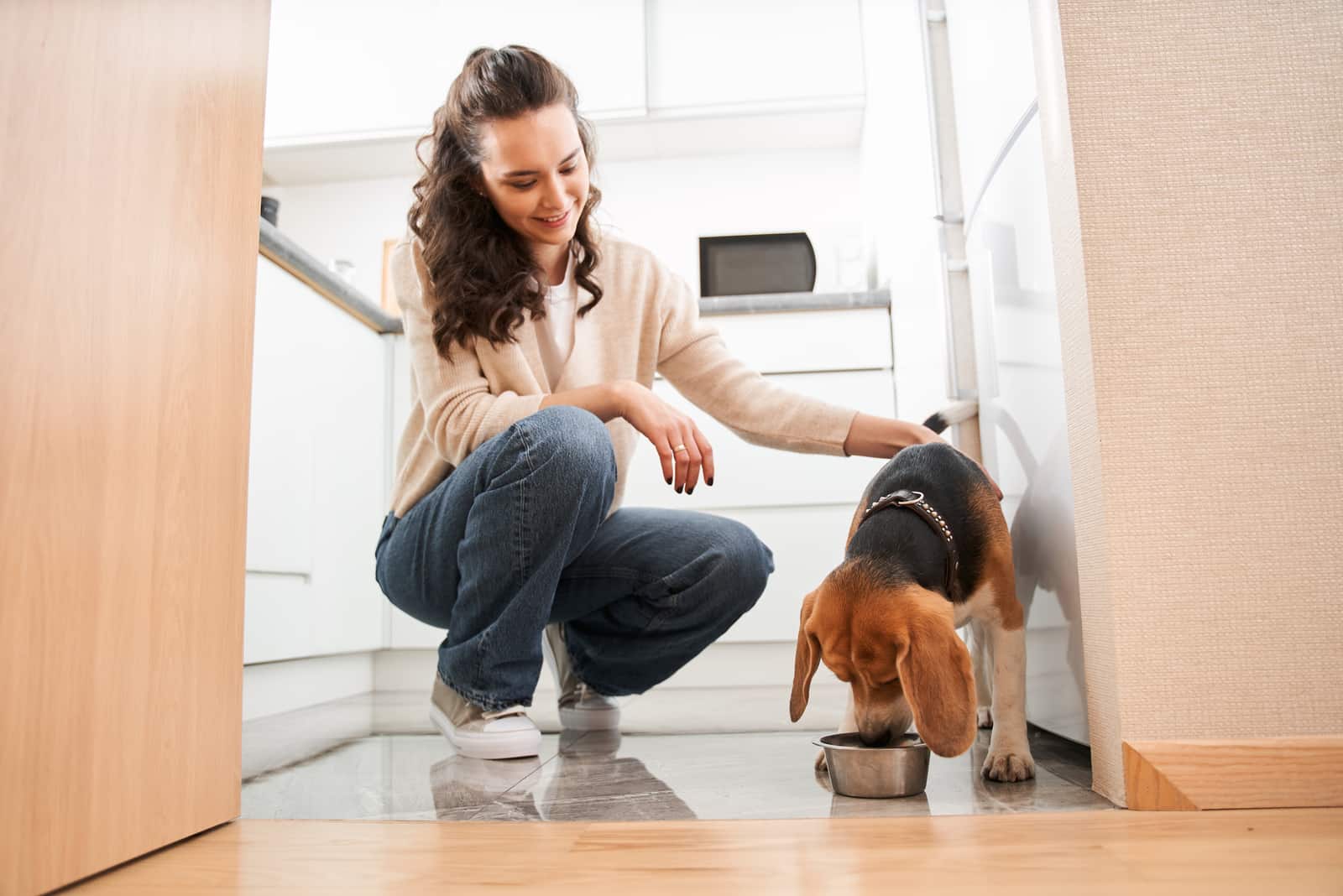 mujer alimentando a su perro