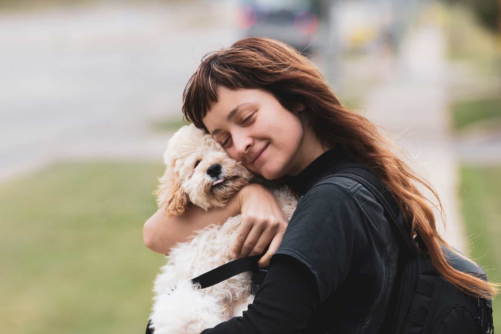 mujer abrazando a su perro maltipoo