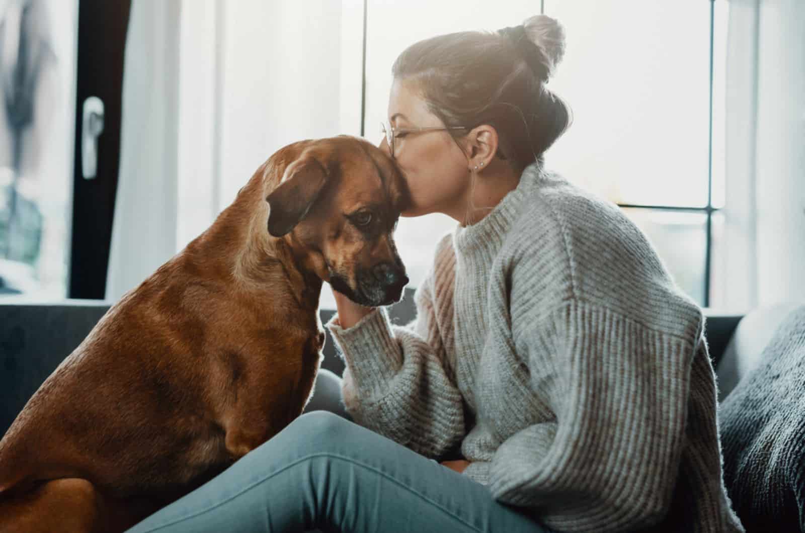 mujer besando a su perro sentado cerca de ella en el sofá