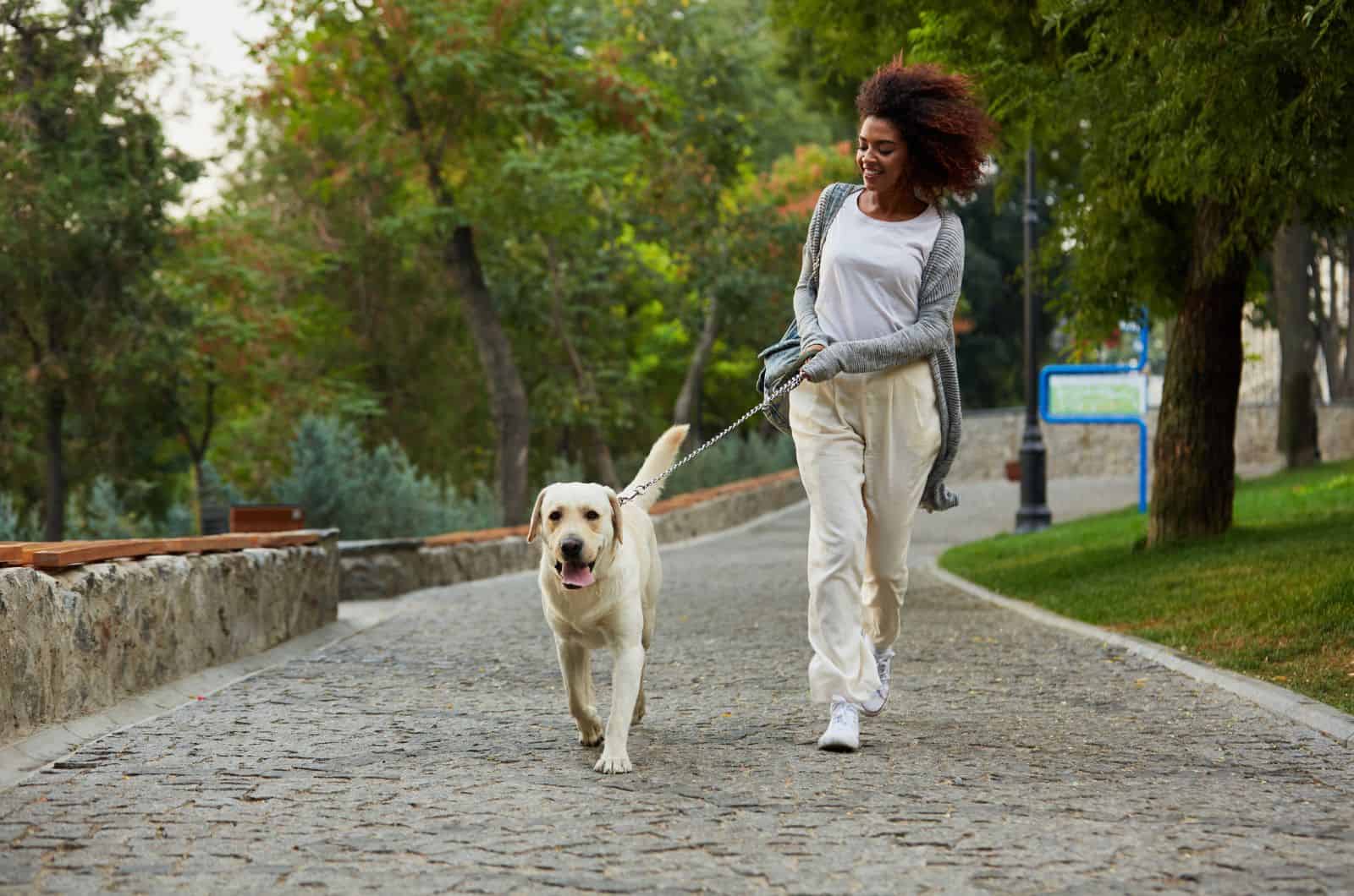 mujer caminando con su perro afuera