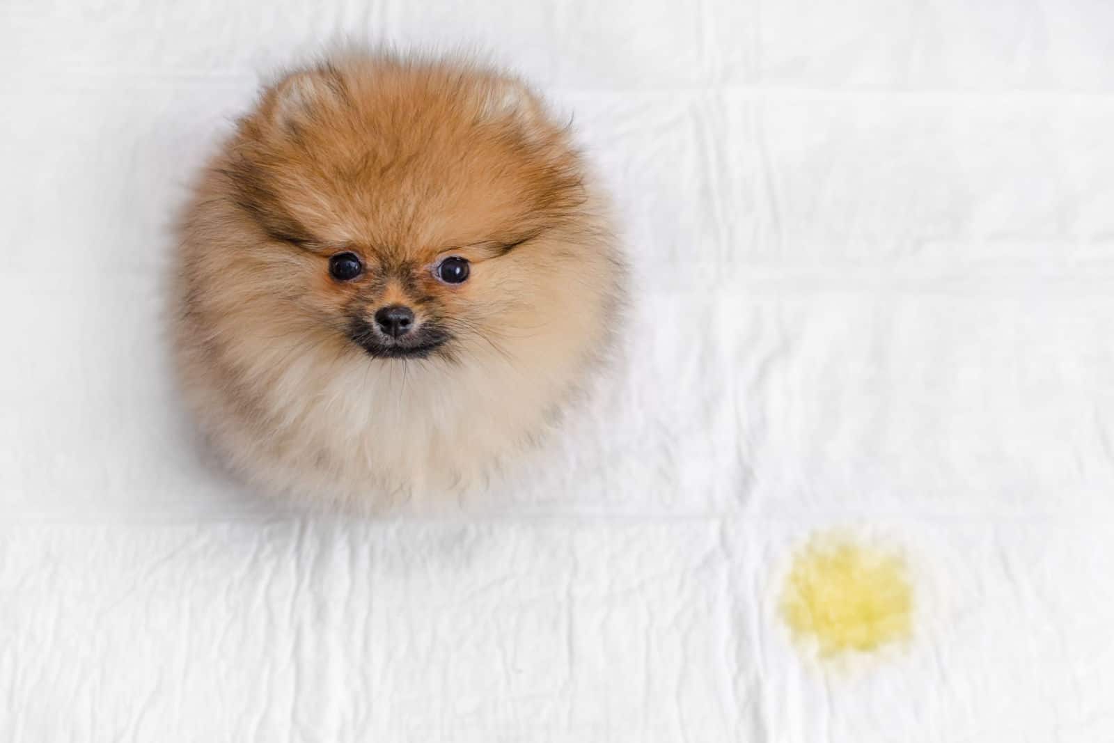 cachorro pomerania esponjoso y charco de orina