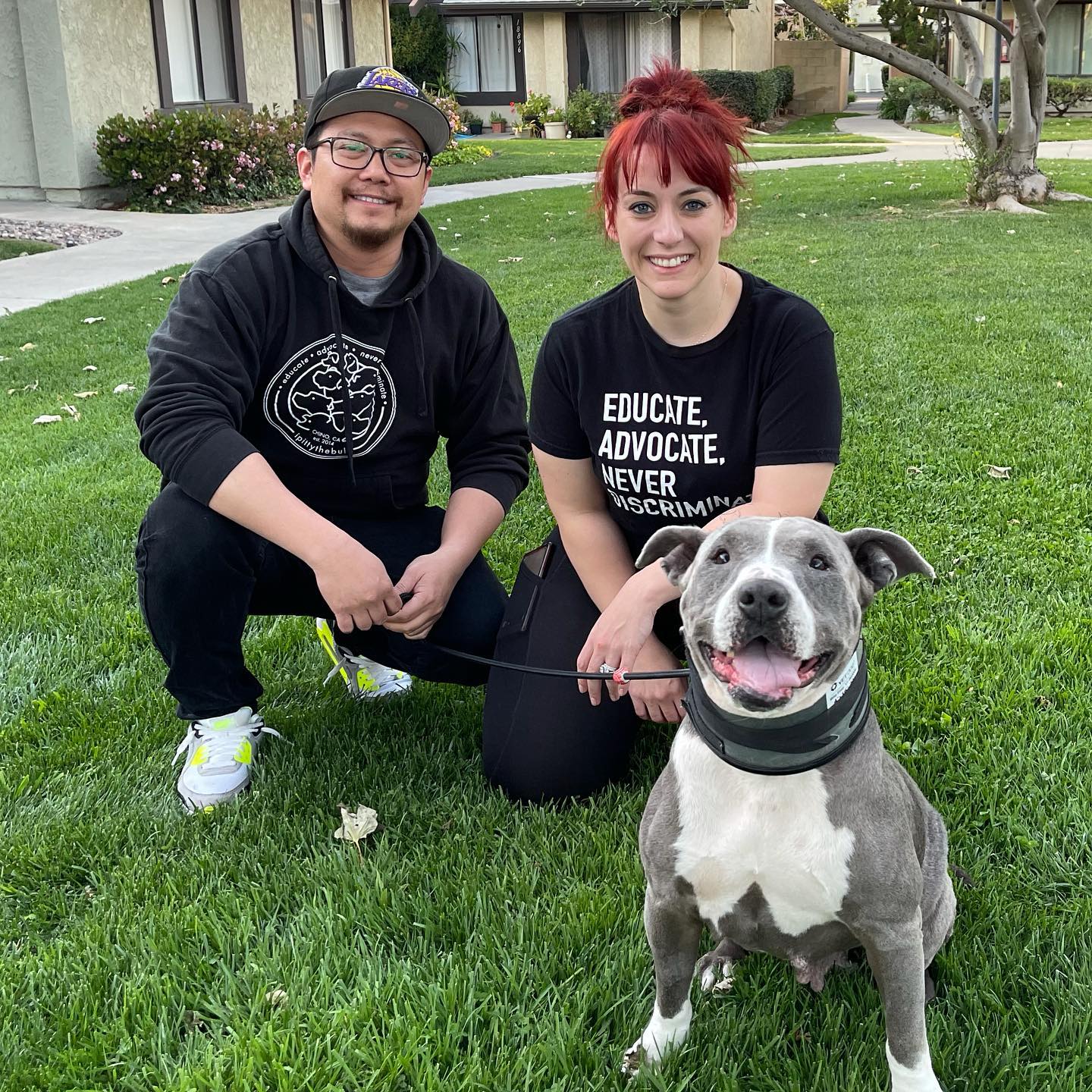 hombre y mujer posando con pitbull