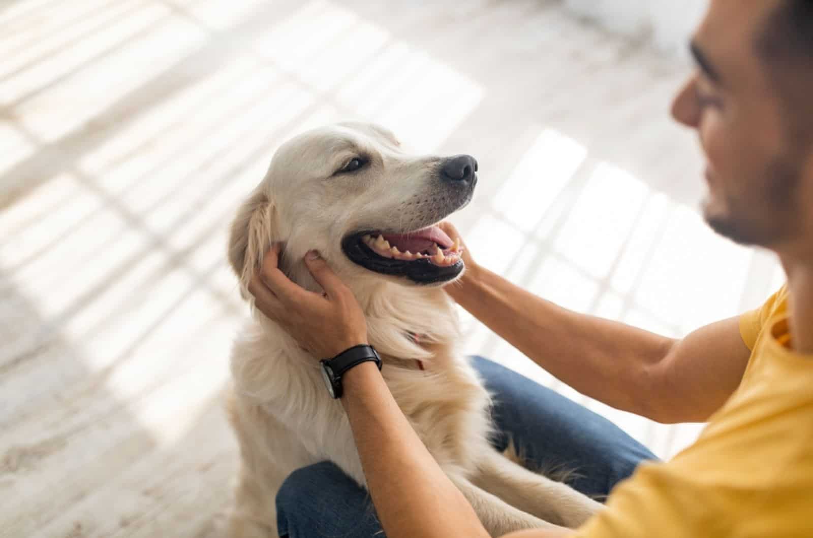 hombre acurrucándose con su perro en casa