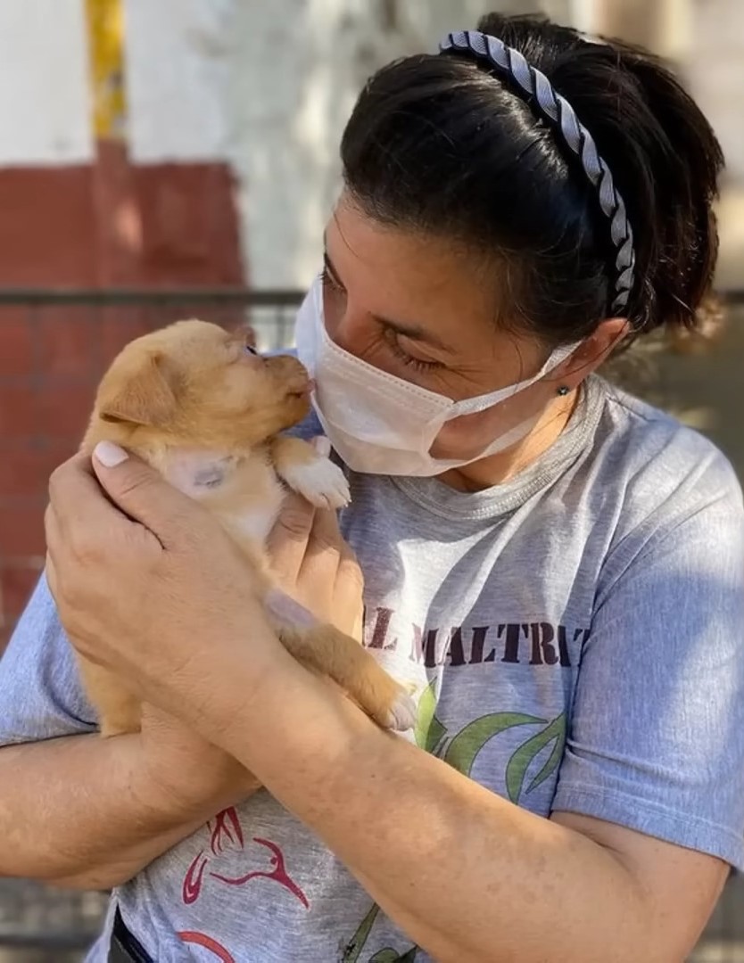 mujer sosteniendo un cachorro