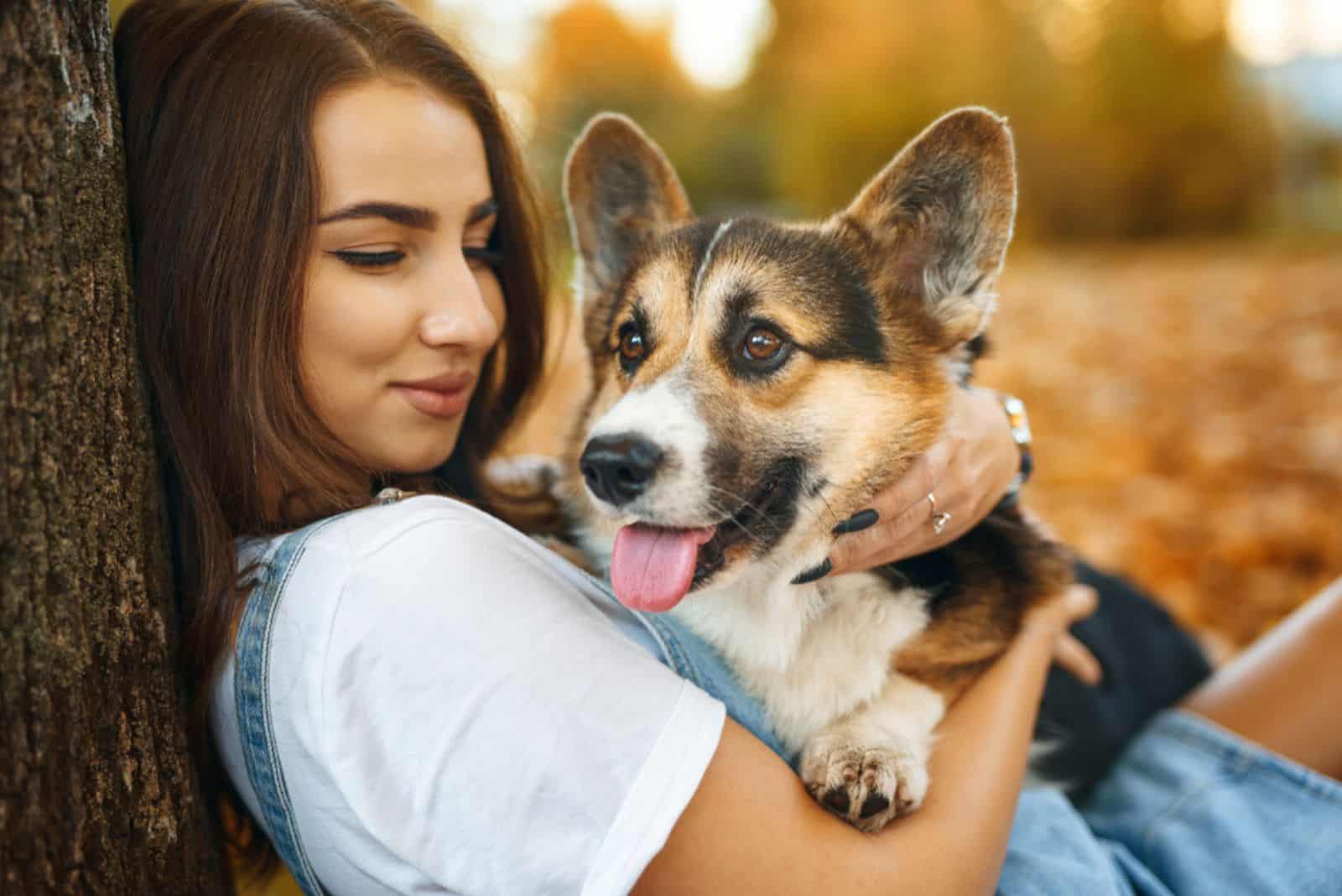 mujer abrazando a un perro corgi mientras se sienta junto a un árbol