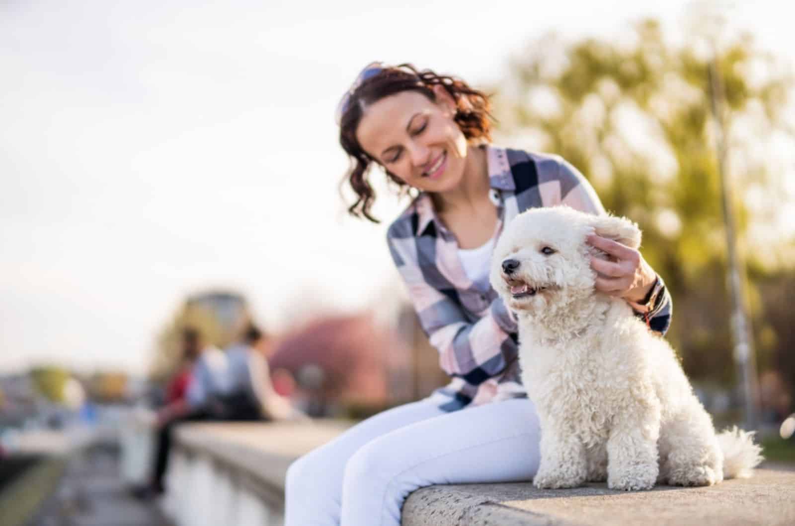 mujer jugando con su bichon frise blanco en un día soleado