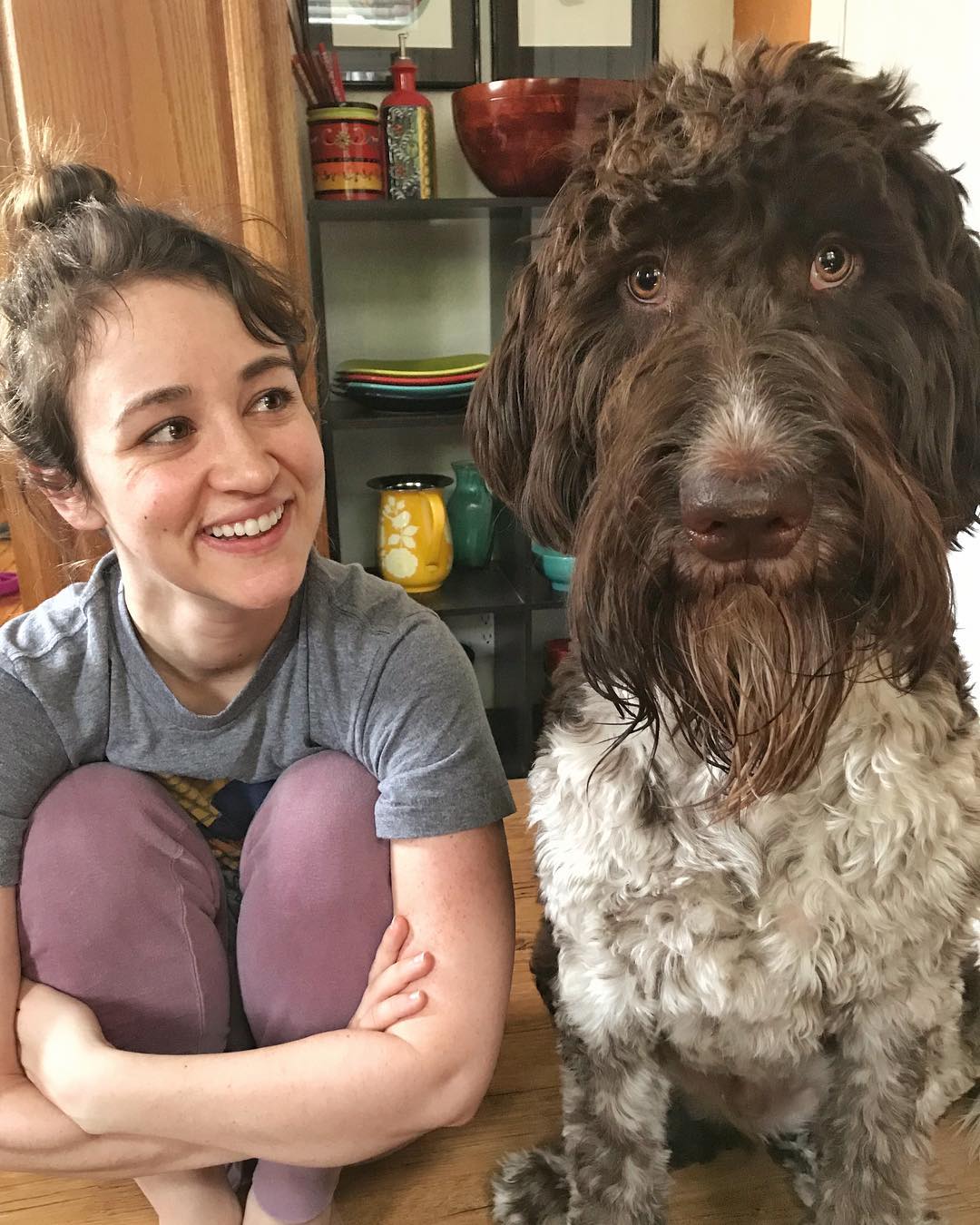mujer sentada junto al perro